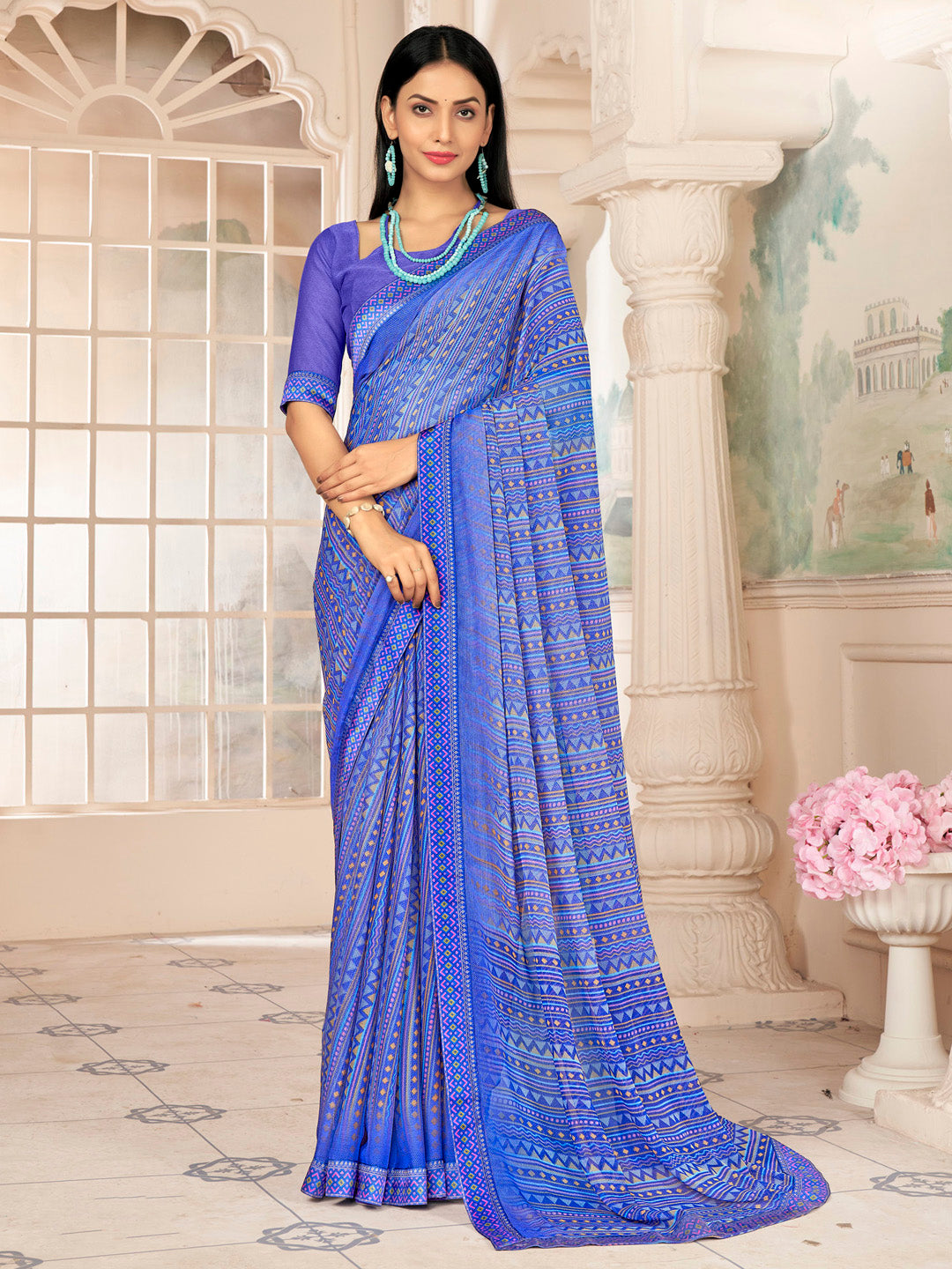 Women's Chiffon Blue Embellished Designer Saree With Blouse Piece