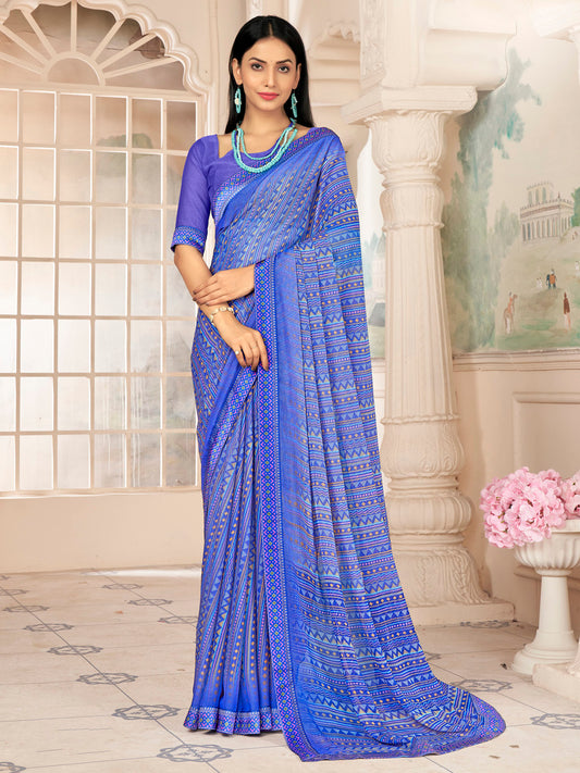 Women's Chiffon Blue Embellished Designer Saree With Blouse Piece