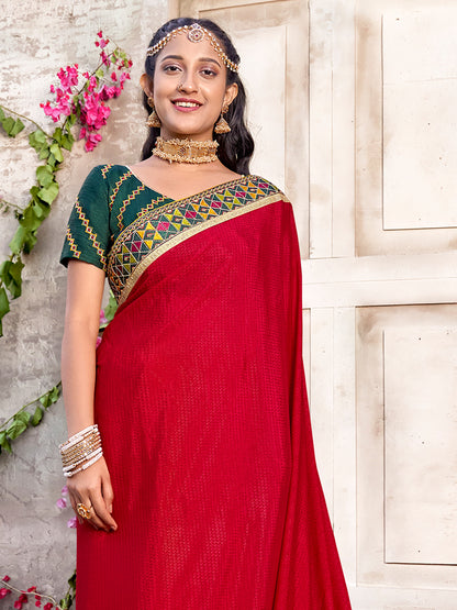 Women's Chiffon Pink Embellished Designer Saree With Blouse Piece