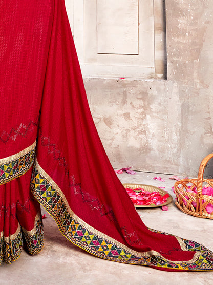 Women's Chiffon Pink Embellished Designer Saree With Blouse Piece