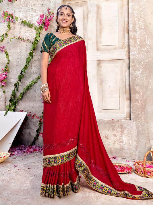 Women's Chiffon Pink Embellished Designer Saree With Blouse Piece