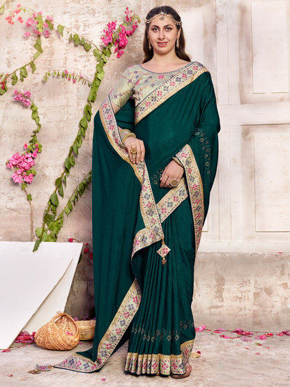 Women's Chiffon Green Embellished Designer Saree With Blouse Piece