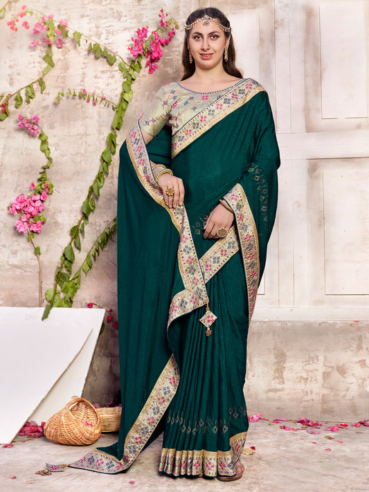 Women's Chiffon Green Embellished Designer Saree With Blouse Piece