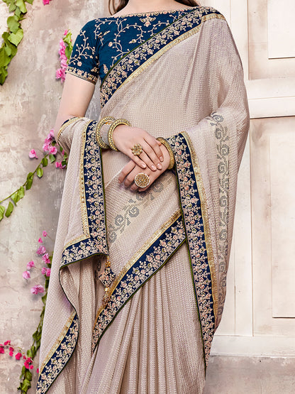 Women's Chiffon Cream Embellished Designer Saree With Blouse Piece