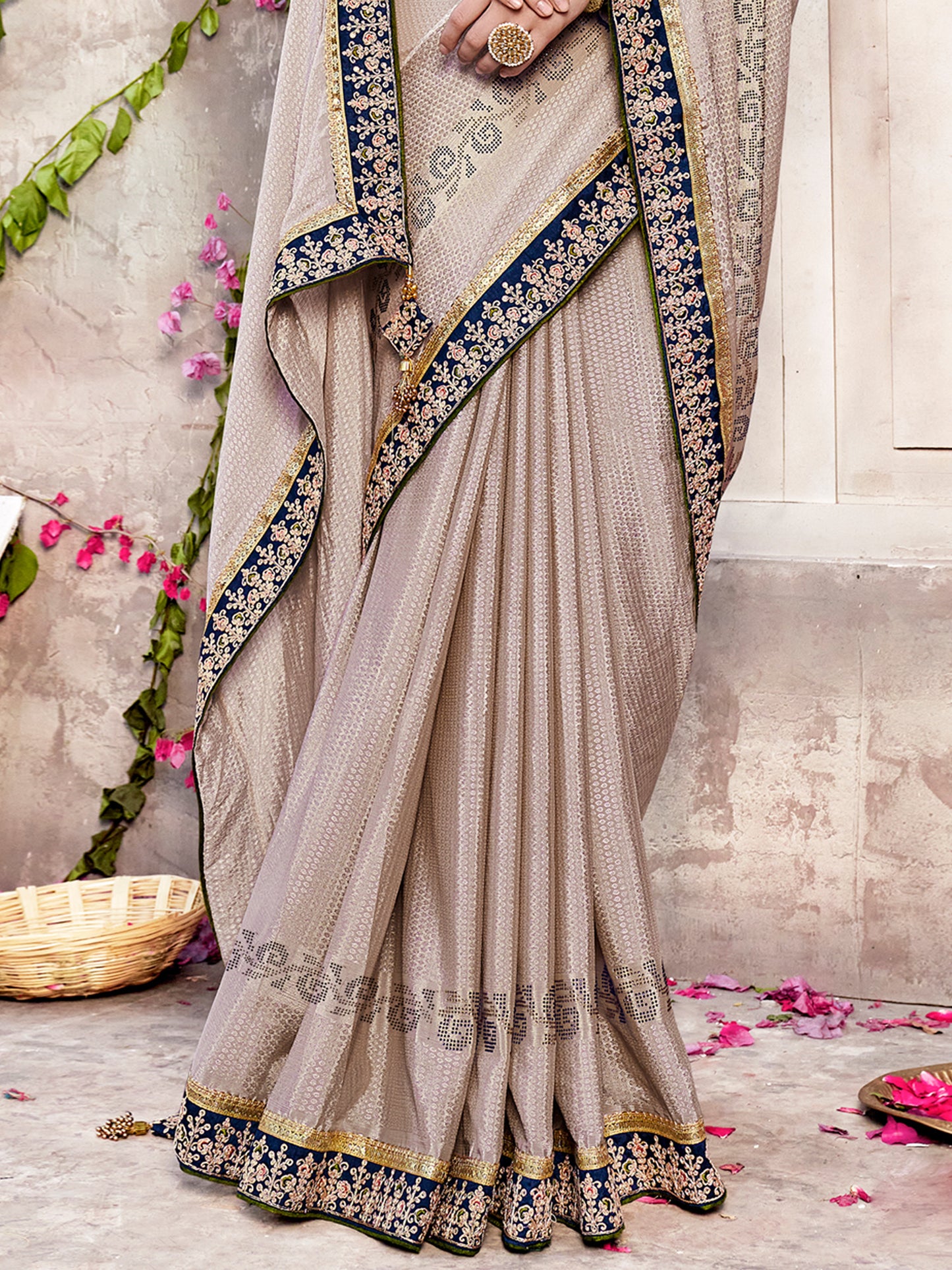 Women's Chiffon Cream Embellished Designer Saree With Blouse Piece