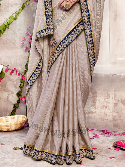 Women's Chiffon Cream Embellished Designer Saree With Blouse Piece