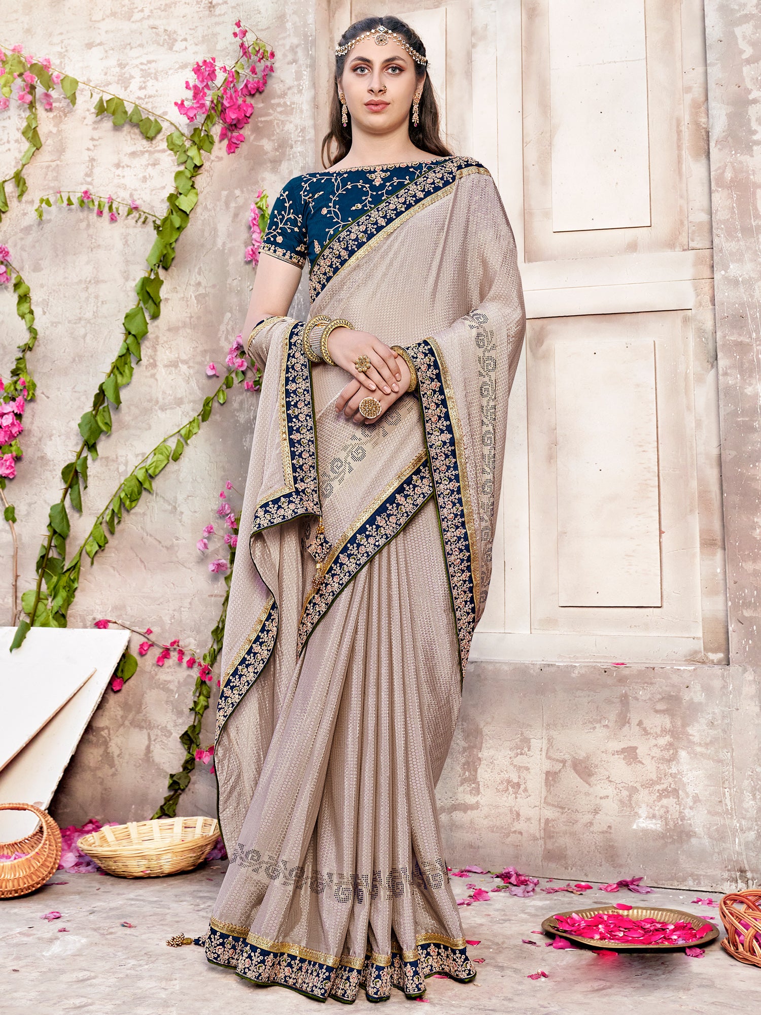 Women's Chiffon Cream Embellished Designer Saree With Blouse Piece