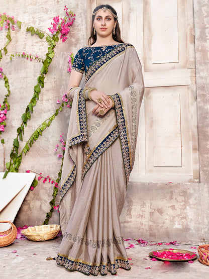 Women's Chiffon Cream Embellished Designer Saree With Blouse Piece
