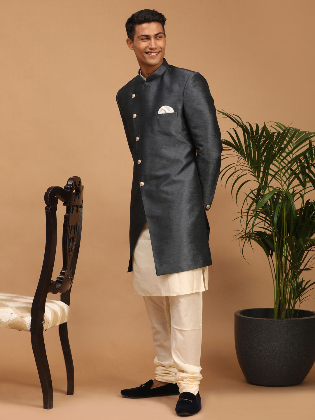 Men's Grey Viscose Straight Sherwani Set