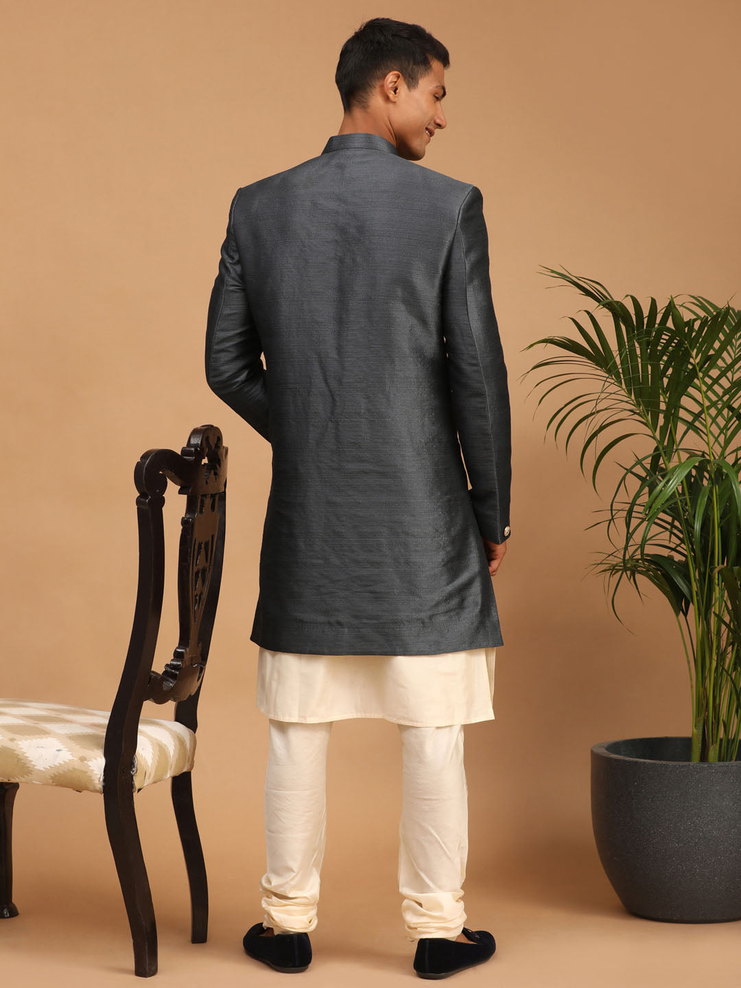 Men's Grey Viscose Straight Sherwani Set