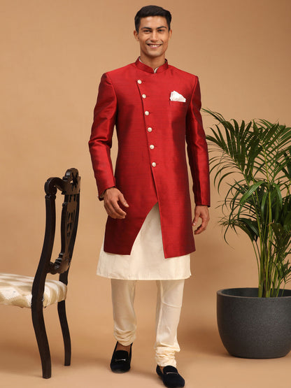 Men's Red Viscose Straight Sherwani Set