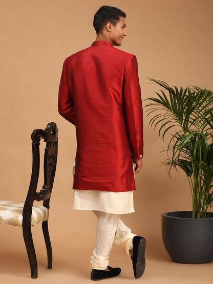Men's Red Viscose Straight Sherwani Set