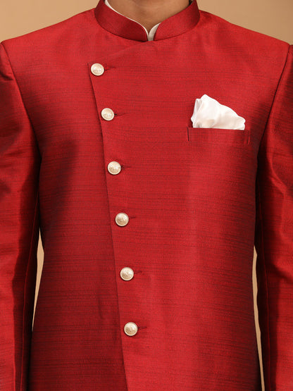 Men's Red Viscose Straight Sherwani Set