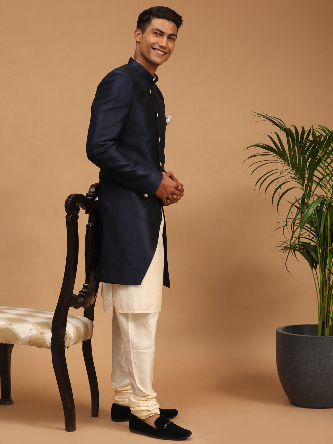 Men's Cream Viscose Straight Sherwani Set