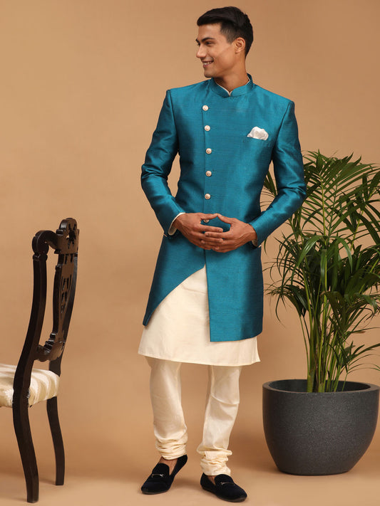 Men's Cream Viscose Straight Sherwani Set