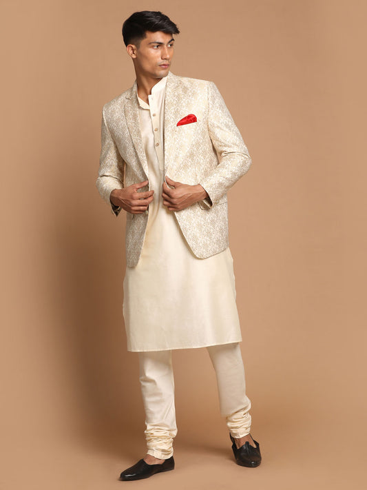 Men's Cream Viscose Straight Jacket  Kurta and Pyjama Set