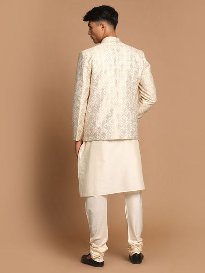 Men's Cream Viscose Straight Jacket  Kurta and Pyjama Set