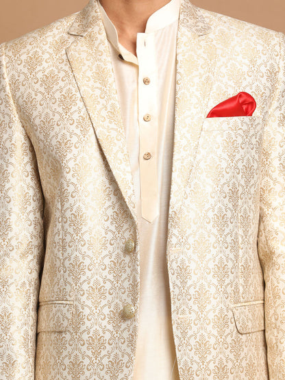 Men's Cream Viscose Straight Jacket  Kurta and Pyjama Set