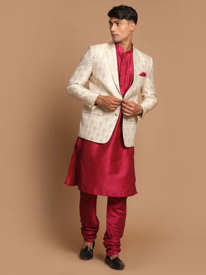 Men's Cream Viscose Straight Jacket  Kurta and Pyjama Set