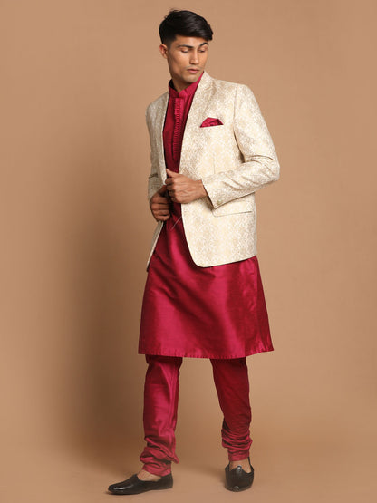 Men's Cream Viscose Straight Jacket  Kurta and Pyjama Set