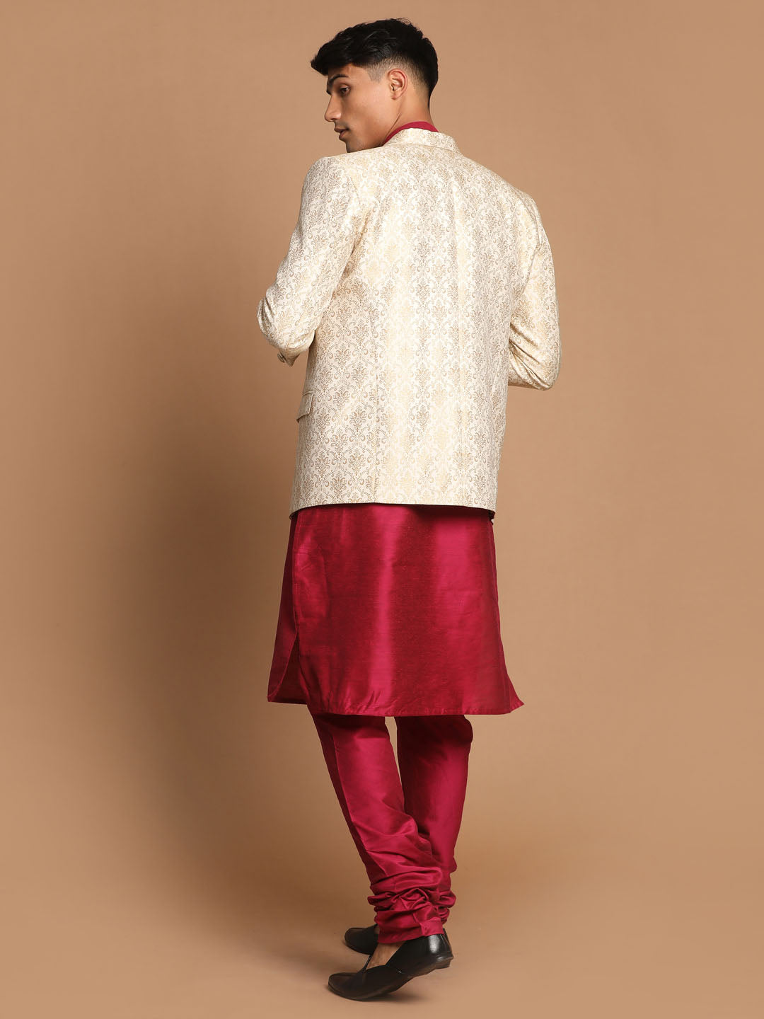 Men's Cream Viscose Straight Jacket  Kurta and Pyjama Set