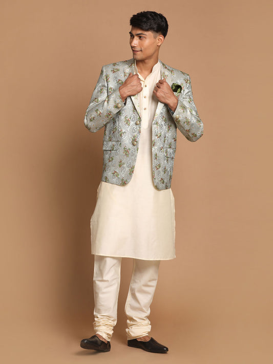 Men's Cream Viscose Straight Jacket  Kurta and Pyjama Set