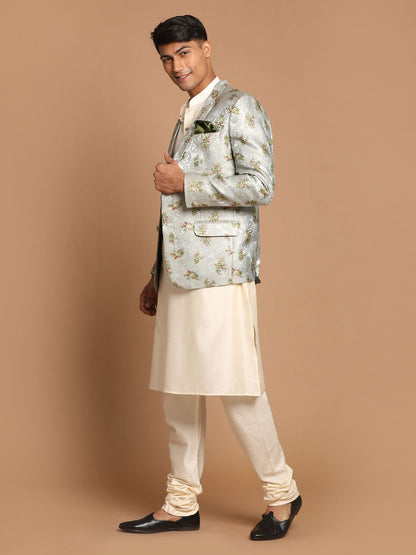 Men's Cream Viscose Straight Jacket  Kurta and Pyjama Set