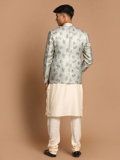Men's Cream Viscose Straight Jacket  Kurta and Pyjama Set