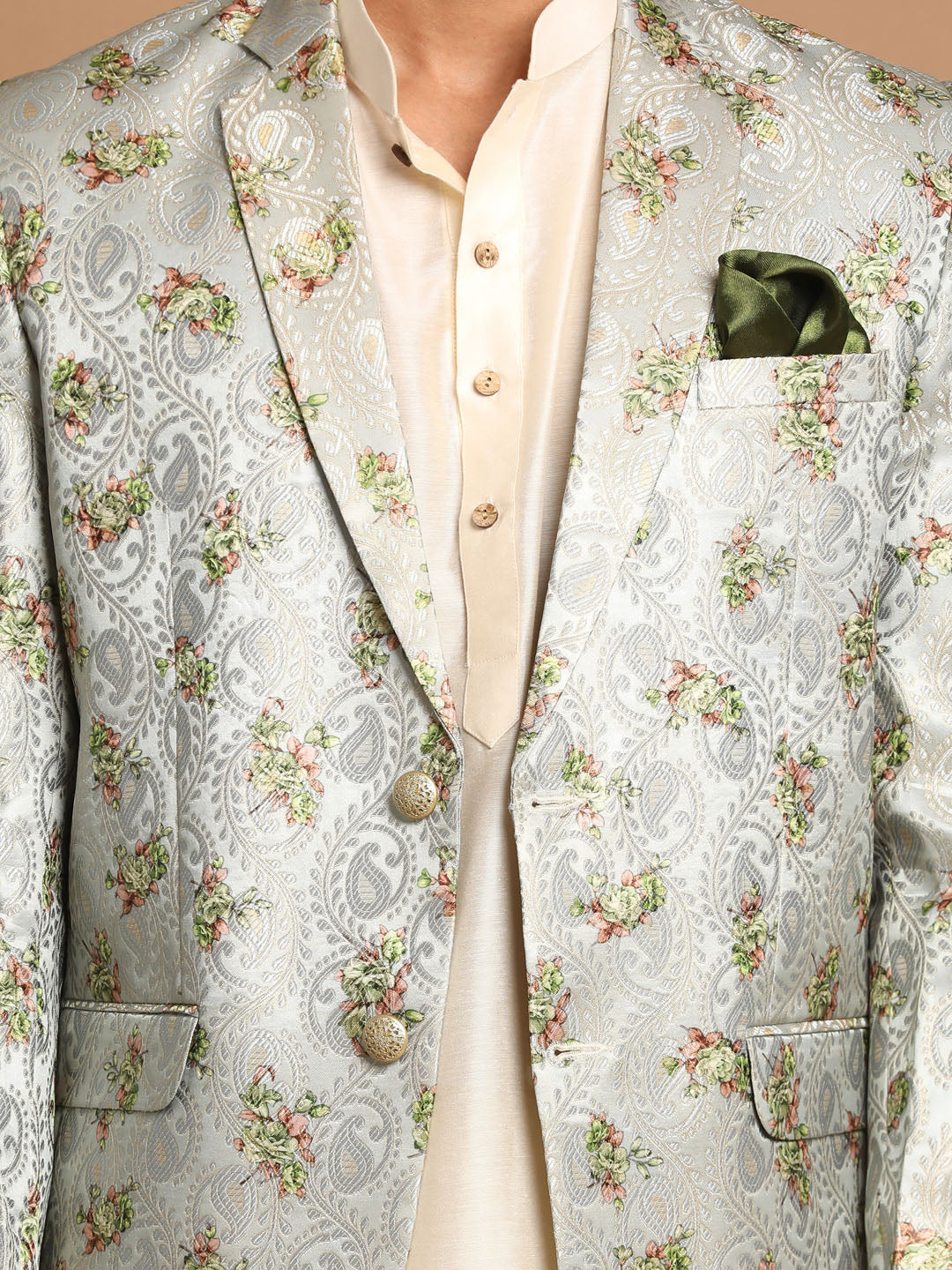 Men's Cream Viscose Straight Jacket  Kurta and Pyjama Set