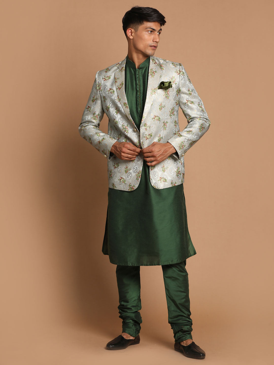 Men's Green Viscose Blend Straight Jacket  Kurta and Pyjama Set