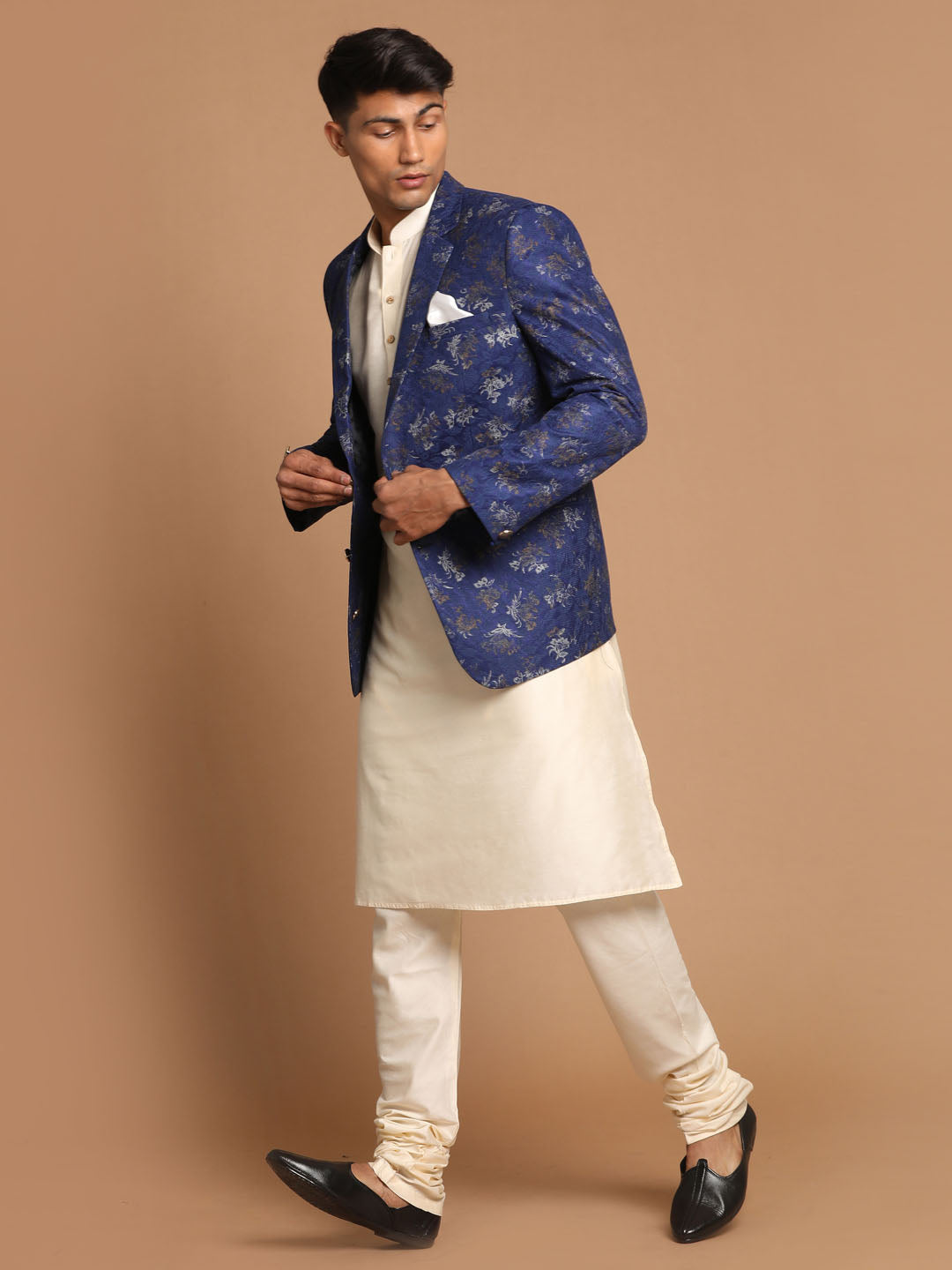 Men's Cream Viscose Straight Jacket  Kurta and Pyjama Set