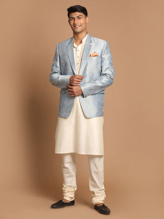 Men's Cream Viscose Straight Jacket  Kurta and Pyjama Set