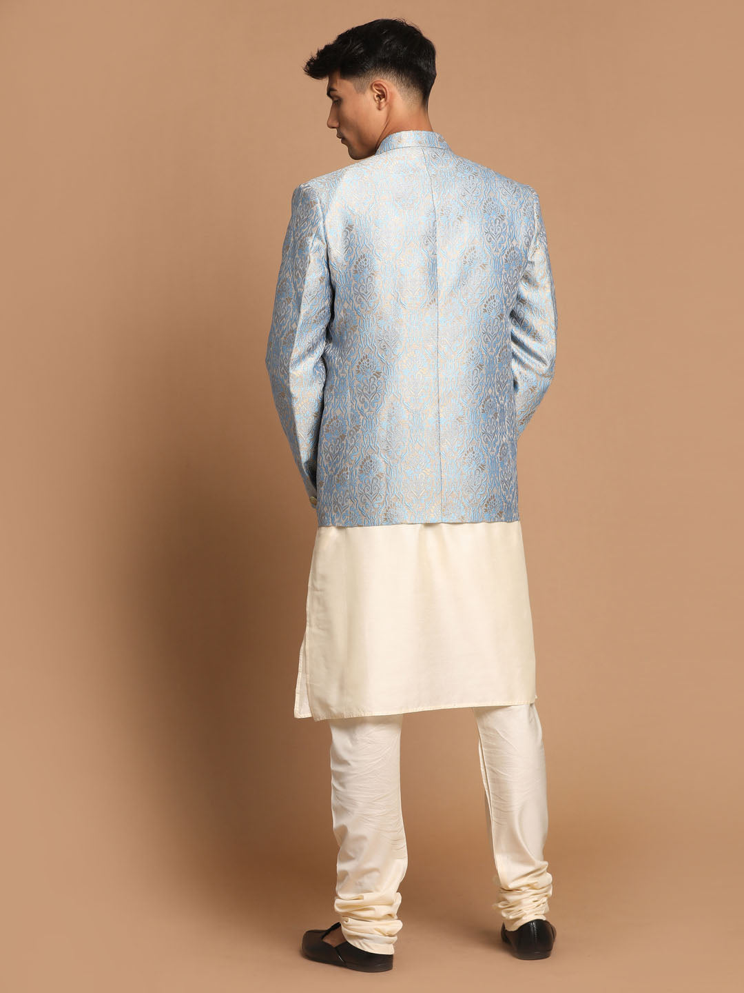 Men's Cream Viscose Straight Jacket  Kurta and Pyjama Set