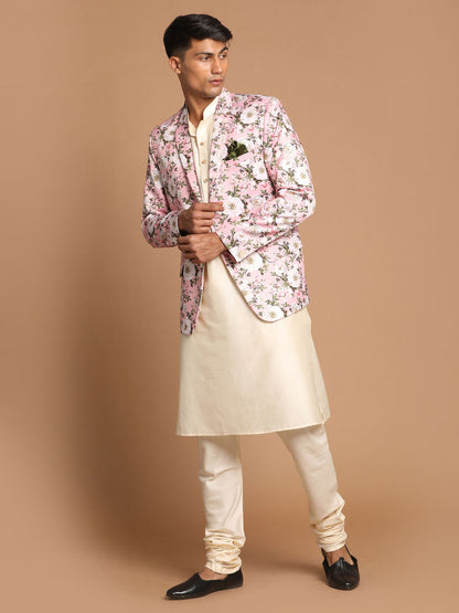 Men's Cream Viscose Straight Jacket  Kurta and Pyjama Set