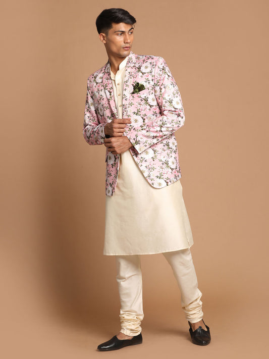 Men's Cream Viscose Straight Jacket  Kurta and Pyjama Set