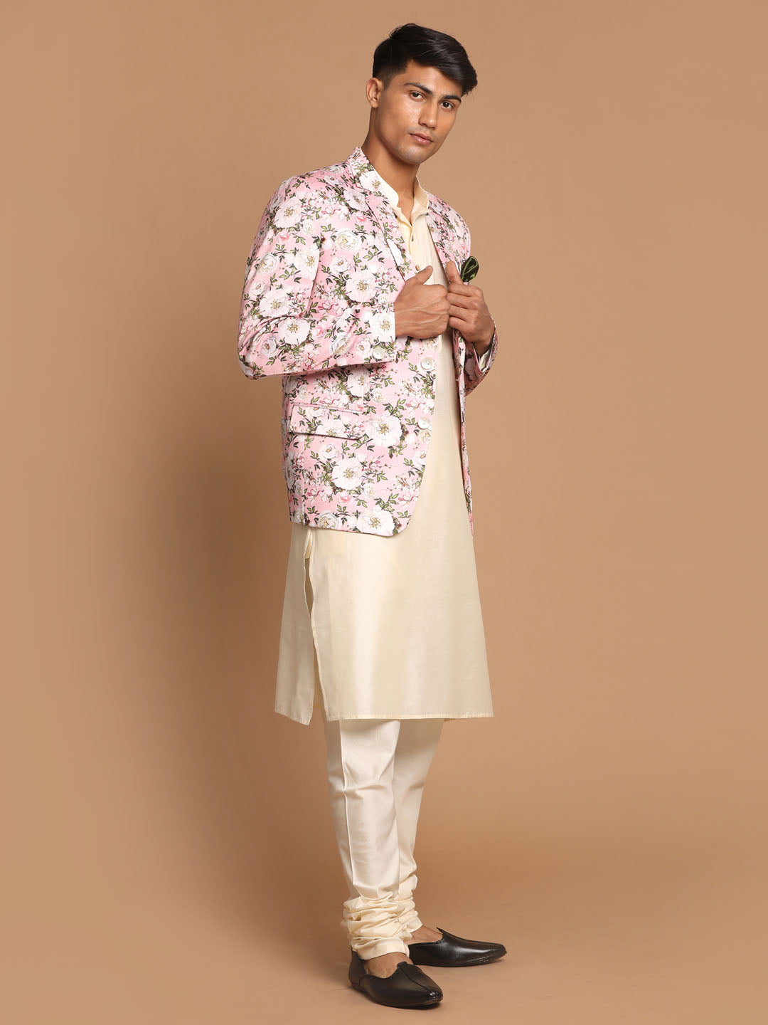 Men's Cream Viscose Straight Jacket  Kurta and Pyjama Set