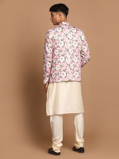 Men's Cream Viscose Straight Jacket  Kurta and Pyjama Set