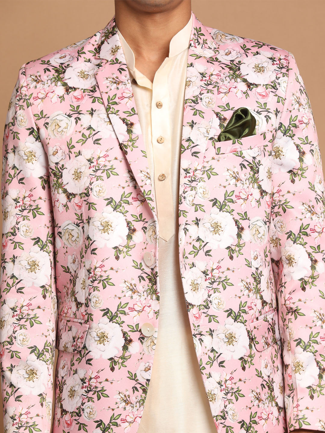 Men's Cream Viscose Straight Jacket  Kurta and Pyjama Set
