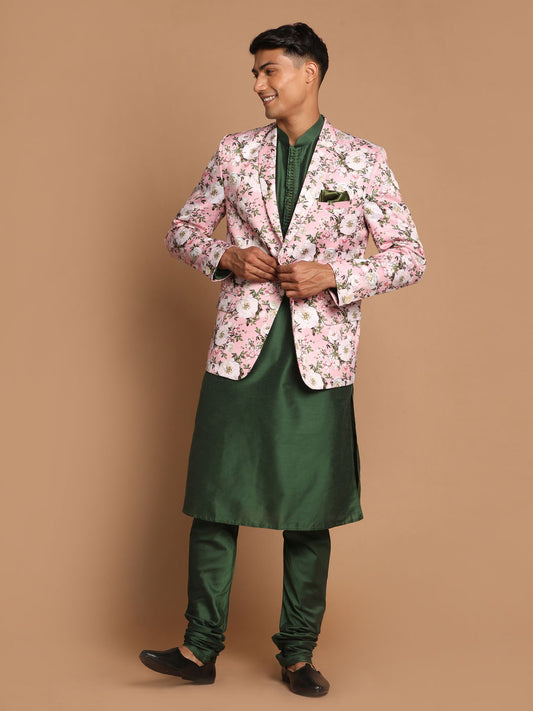 Men's Green Viscose Blend Straight Jacket  Kurta and Pyjama Set