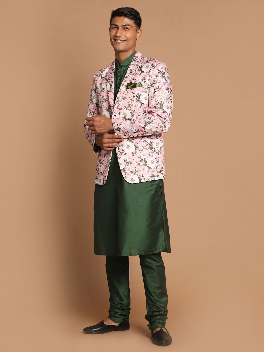 Men's Green Viscose Blend Straight Jacket  Kurta and Pyjama Set