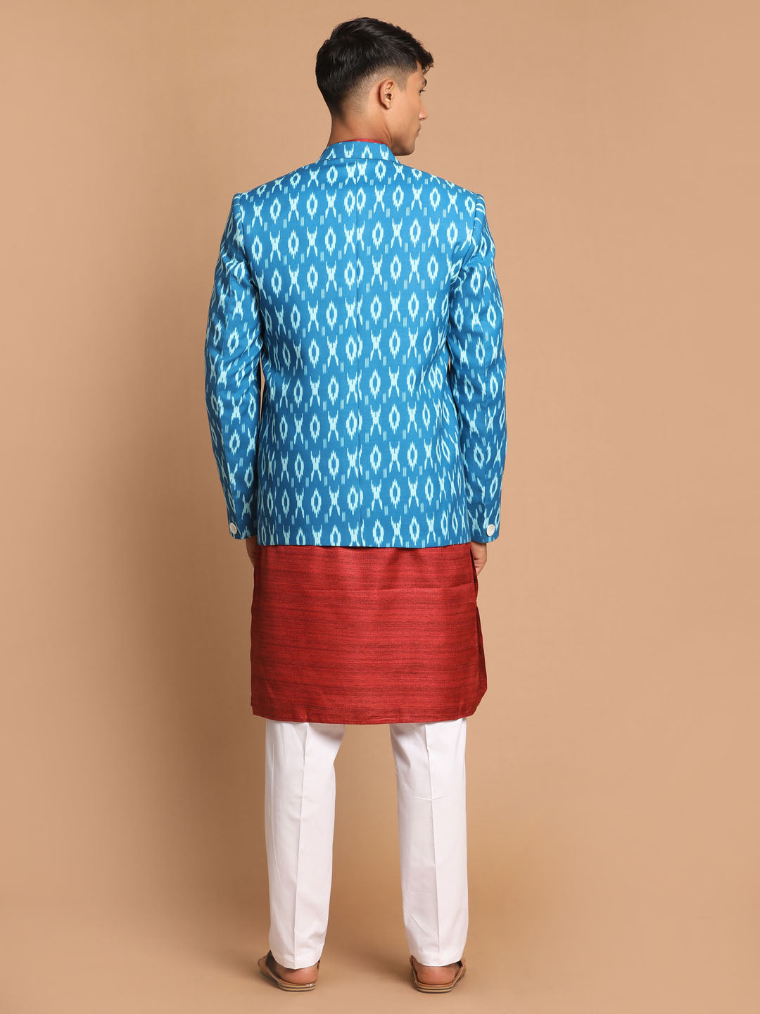 Men's Maroon Cotton Blend Straight Jacket  Kurta and Pyjama Set