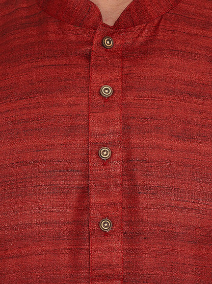 Men's Maroon Cotton Blend Straight Jacket  Kurta and Pyjama Set