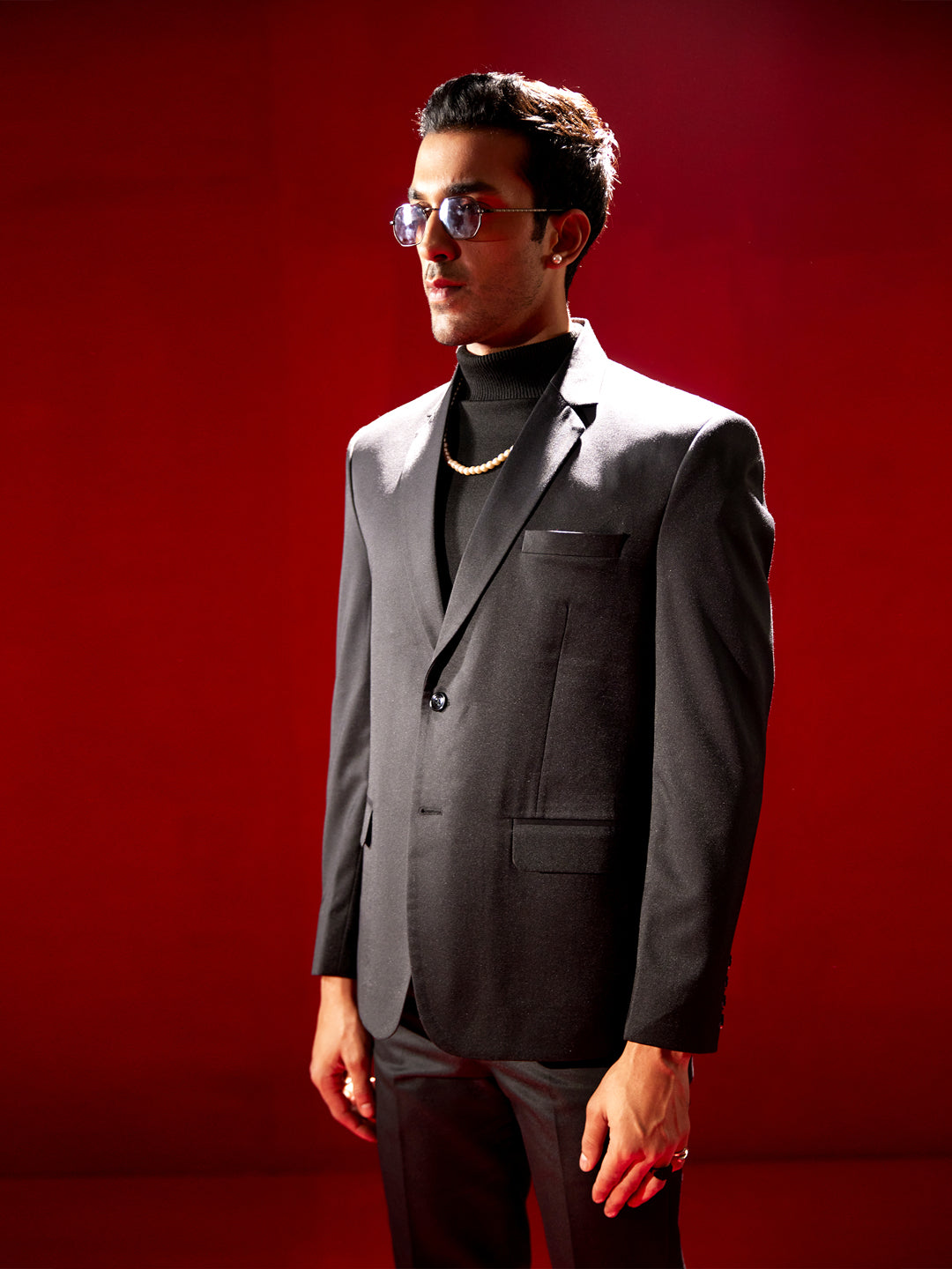 Men's Black Cotton Blend Straight Blazer