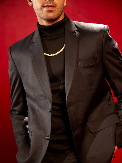 Men's Black Cotton Blend Straight Blazer