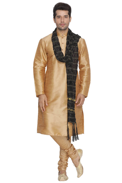 Men's Black And Gold Silk Blend Straight Dupatta