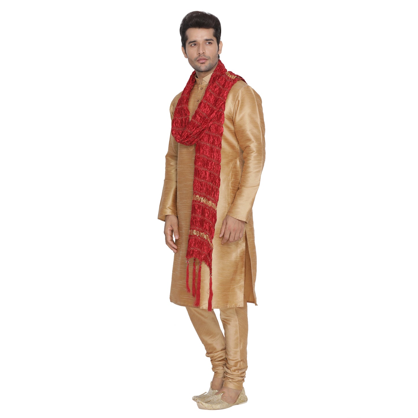 Men's Maroon And Gold Silk Blend Straight Dupatta