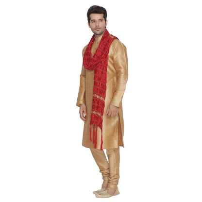 Men's Maroon And Gold Silk Blend Straight Dupatta