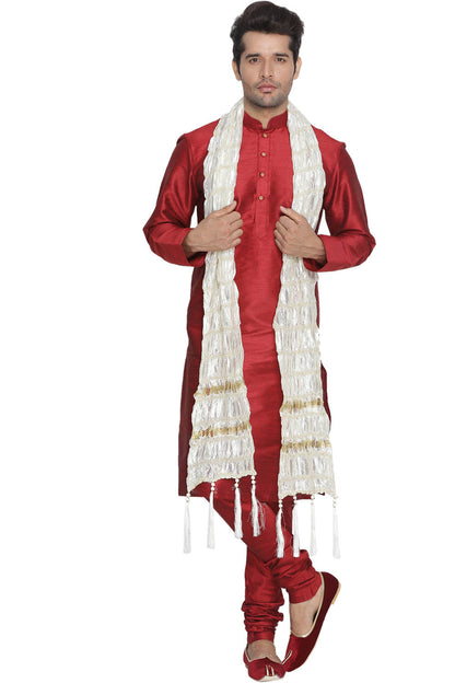 Men's Cream And Gold Silk Blend Straight Dupatta