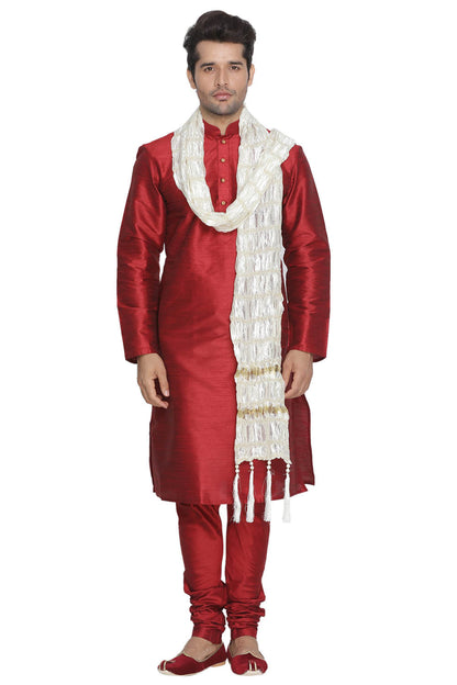 Men's Cream And Gold Silk Blend Straight Dupatta
