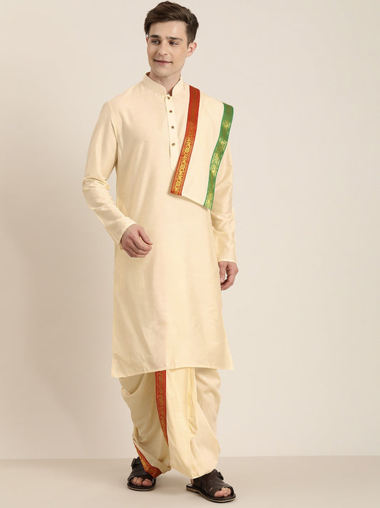 Men's Cream Viscose Straight Kurta Dhoti And Dupatta Set